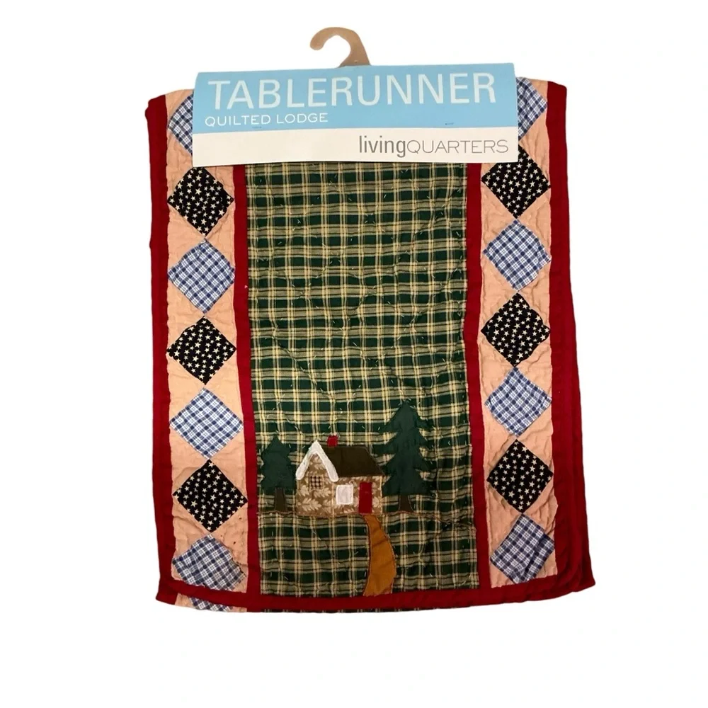 Vintage living quarters quilted table runner holiday multicolored plaid 68x14